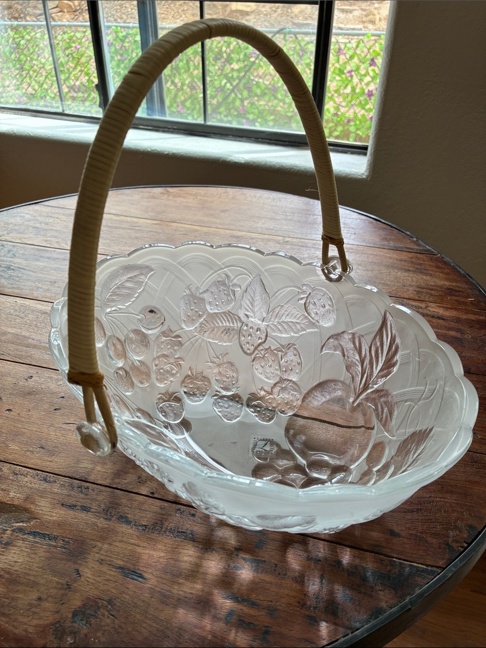 Frosted Glass Fruit-Embossed Basket with Wrapped Wicker Handle